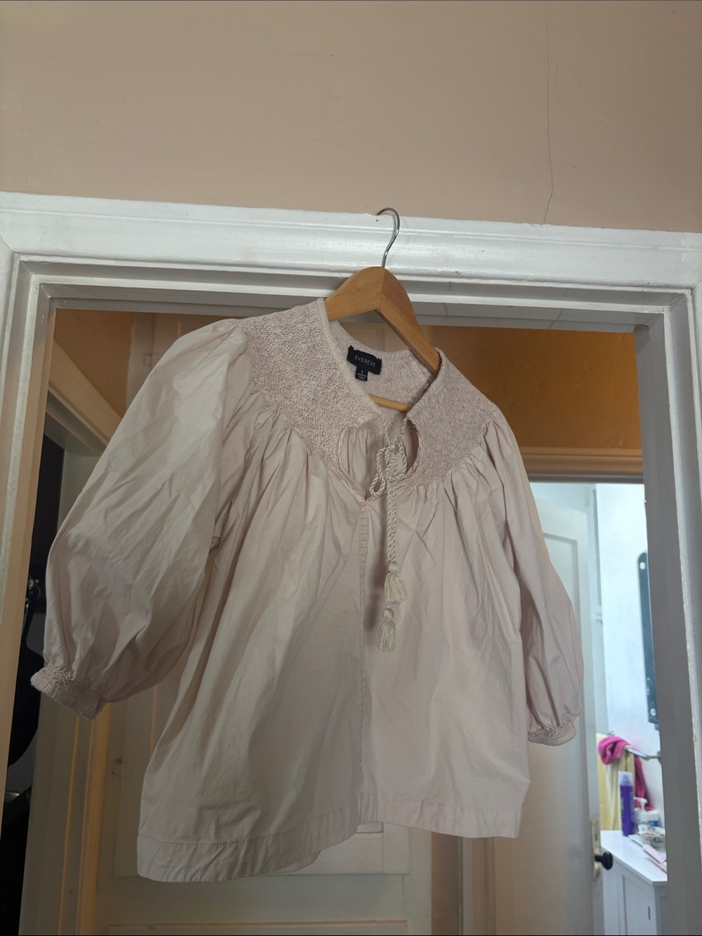 Evereve Cream Smocked Collar Peasant Blouse with Puffed Sleeves and Tassel Tie